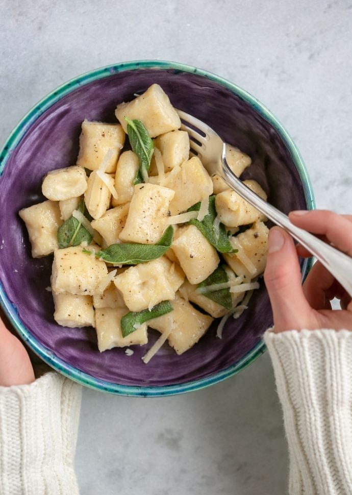 homemade ricotta gnocchi served with butter and sage.