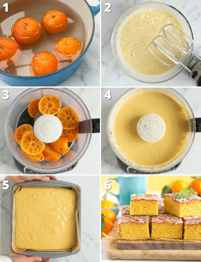 clementine cake recipe step by step images: 1 boiled clementines, 2 eggs whisked with sugar, clementines pureed in a food processor, 4 remaining ingredients added into the food processor, 5 batter poured in cake pan, 6 baked cake with glaze on top. 