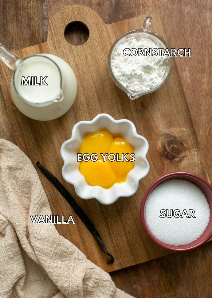 crema pasticcera ingredients: milk, cornstarch, yolks, sugar, vanilla bean.
