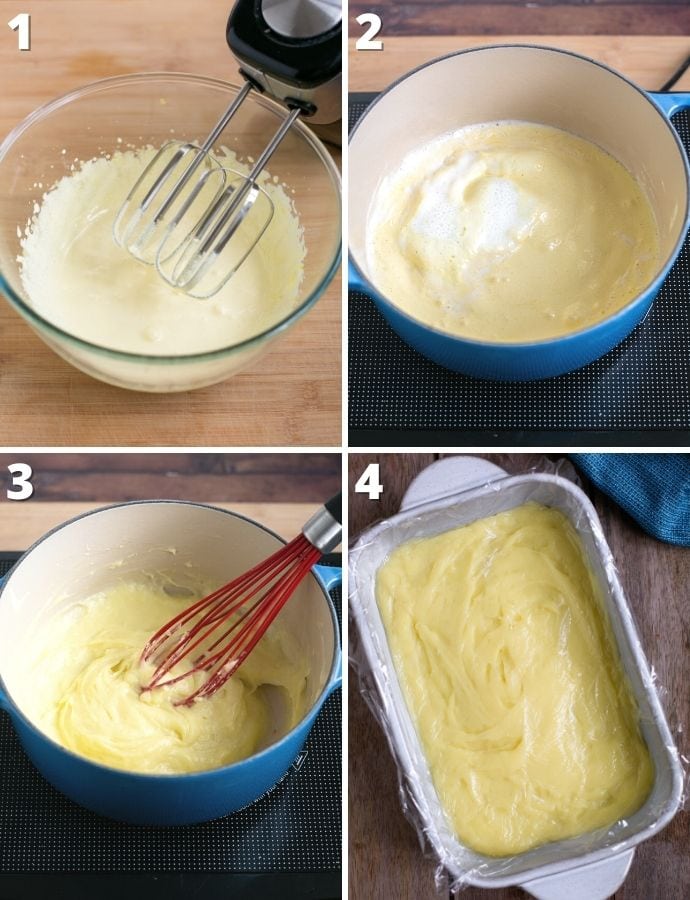 crema pasticcera recipe steps: 1 whisk yolks with sugar and cornstarch, 2 heat milk and add the egg mixture, 3 whisk until the cream is ready, 4 cool the cream in a baking dish covered with plastic wrap.