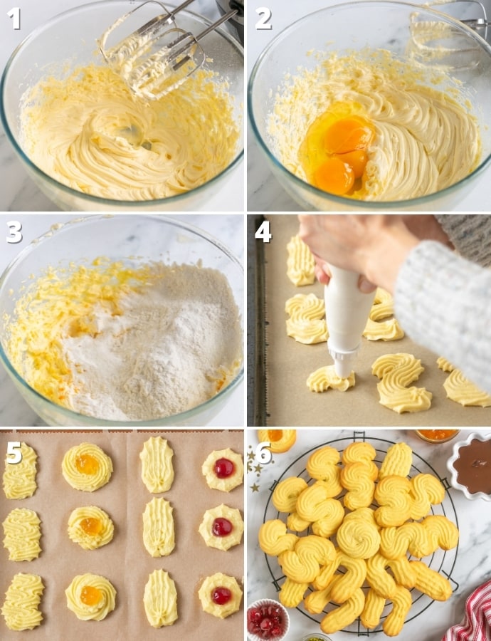 collage of 6 images showing the 6 steps on how to make Italian butter cookies recipe.