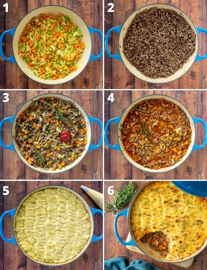 Shepherd's pie recipe step by step: 1 veggies cooked in a pan, 2 minced lamb cooked in pan, 3 meat and veggies sauteed together with tomato paste and herbs, 4 stock added into the pan, 5 meat filling topped mashed potatoes, 6 pie baked in the oven until ready.