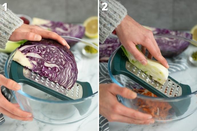 recipe method step 1 and 2 collage: 1 cabbage grated in a large bowl, 2 fennel grated into the same bowl.