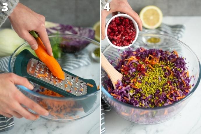recipe method step 3-4 collage: 3 carrot grated into the bowl, 4 pomegranate seeds and pistachio added into the slaw.