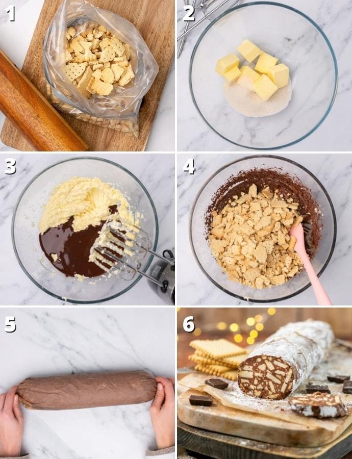 chocolate salami step by step recipe collage: 1 break cookies in a ziplock bag, 2 whisk butter with sugar, 3 add melted chocolate, 4 add broken cookies and mix everything, 5 form a log and wrap it in baking paper, 6 refrigerated then serve your chocolate salami with dusted powdered sugar on top.