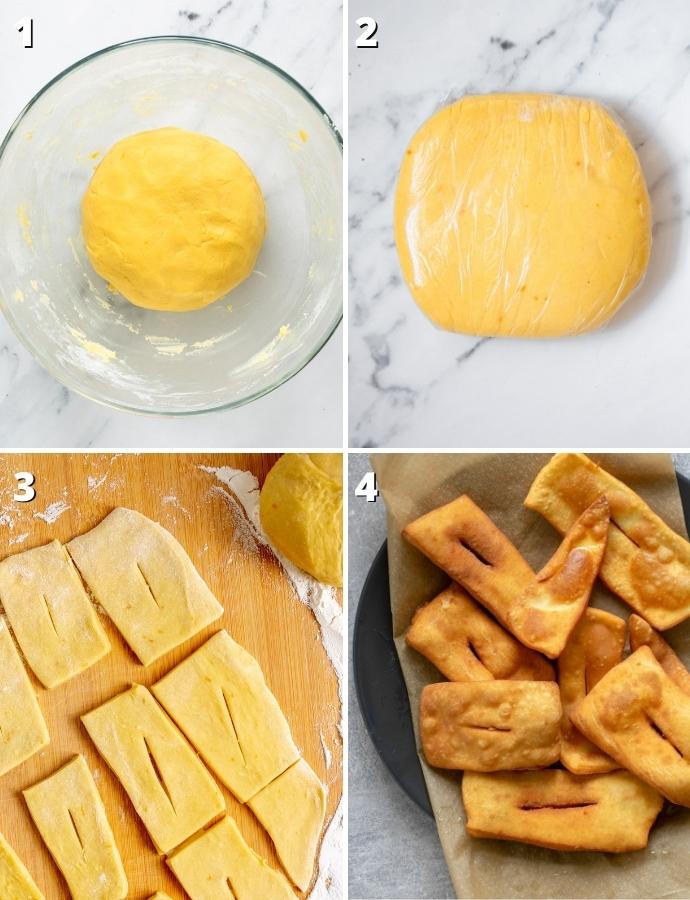 collage of recipe steps: 1 chiacchiere dough in a bowl, 2 dough wrapped in plastic firm, 3 dough rolled and cut into rectangular shapes, 4 fried chiacchiere on kitchen paper to absorb oil in excess.