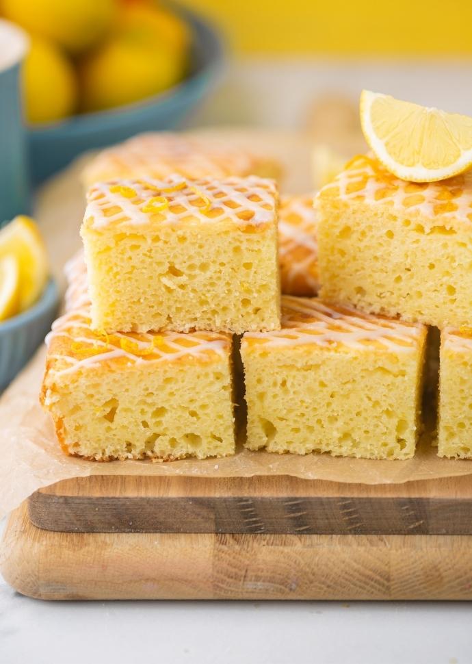 italian lemon ricotta cake drizzled with lemon glaze.