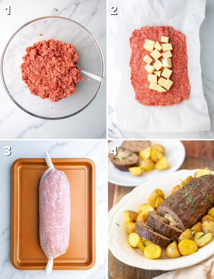 italian meatloaf step by step recipe collage: 1 ingredients mixed in a bowl, 2 meat mixture rolled out flat into a rectangle and cubed cheese onto the center, 3 mixture rolled into a lof wrapped in kitchen paper, 4 ready to be served polpettone with roasted potatoes.