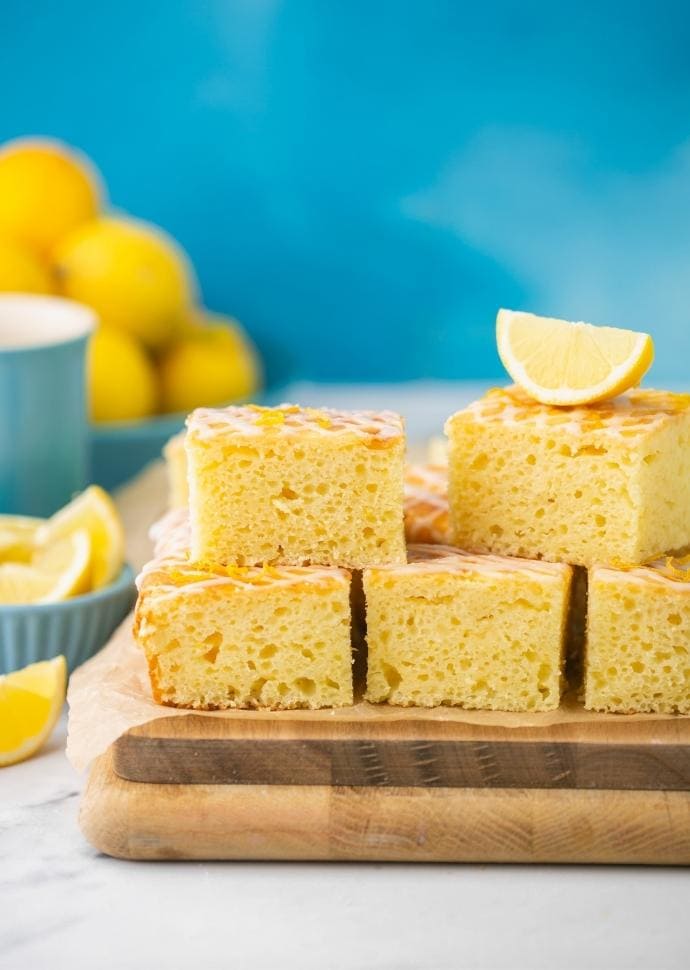 italian ricotta cake drizzled with lemon glaze.