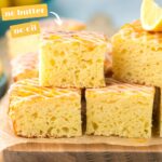 lemon ricotta cake drizzled with lemon glaze.Image with text for Pinterest.