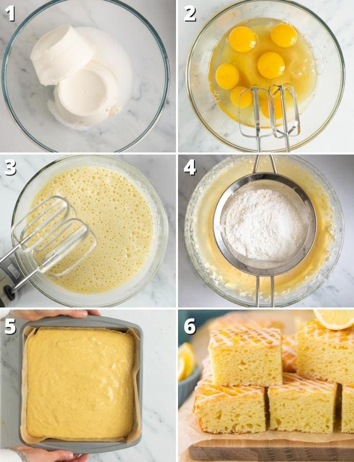 collage of 6 images for recipe method: 1 ricotta and sugar whisked until creamy, 2 eggs and sugar whisked until creamy, 3 eggs and ricotta mixture beaten together, 4 flour and baking powder added in, 5 batter poured over cake pan covered with parchment paper, 6 ricotta lemon cake cut into squares.