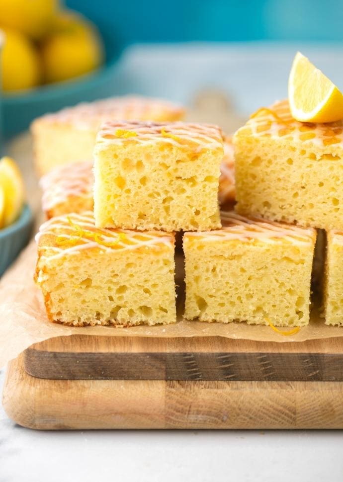 lemon ricotta cake drizzled with lemon glaze.