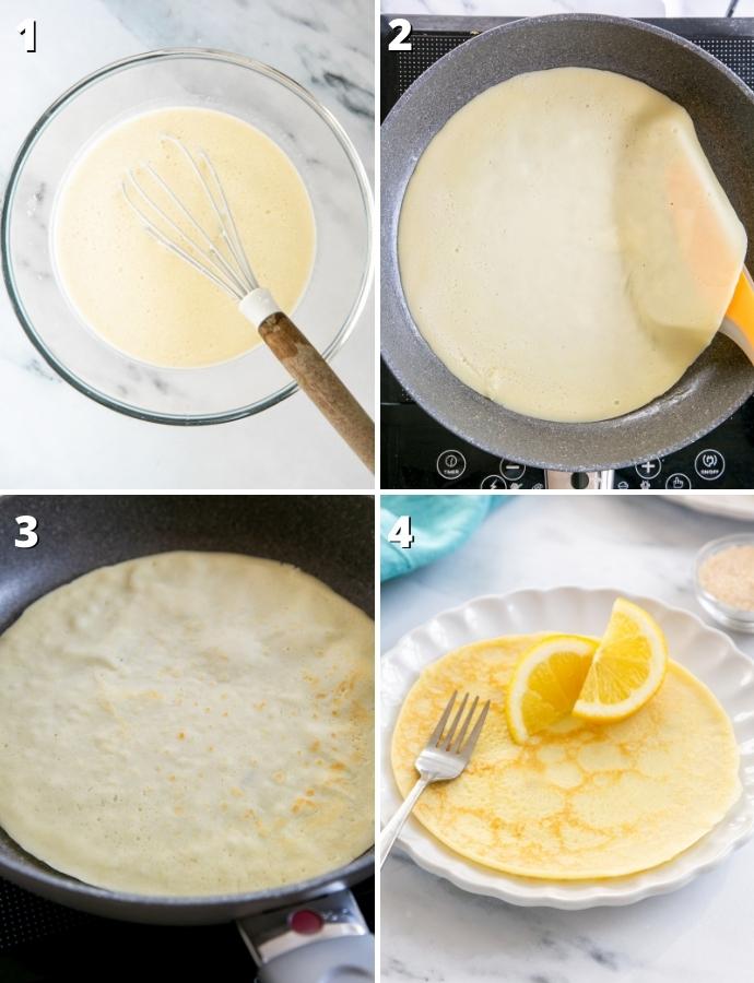 step-bystep- british pancakes recipe: first image shows batter in a bowl, second image shows pancake ready to be flipped in a pan, third image shows pancake flipped in a pan, fourth image shows prepared pancake served with lemon and sugar.