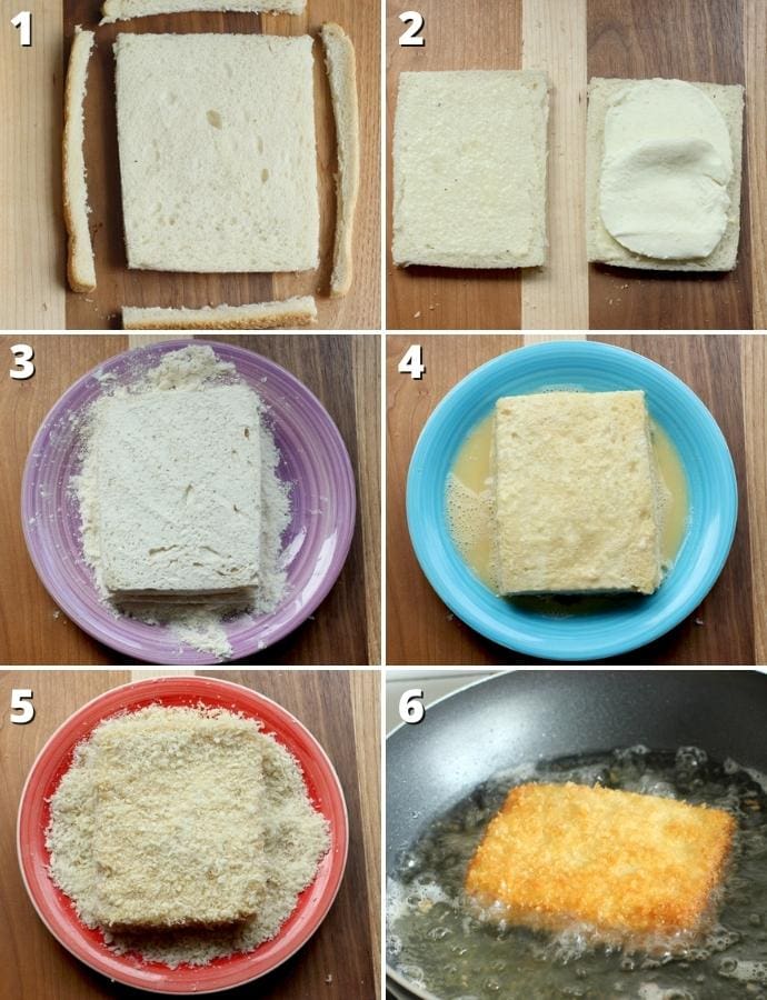 mozzarella in carrozza step-by-step recipe collage: first bread slices with cut off crust, second mozzarella slices addded to one bread slice, third the sandwich is dusted with flour, fourth the sandwich is coated in egg wash, fifth the sandwich is coated in breadcrumbs, sixth the sandwich is deep-fried until golden.