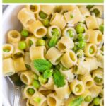 Pasta with peas, image with text for Pinterest.