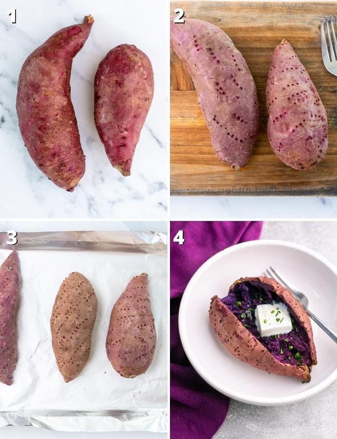 baked purple sweet potatoes step-by-step recipe collage: first image shows clean potatoes, second image shows pricked potatoes, third image shows potatoes baked on baking sheet, fourth image shows baked potato.