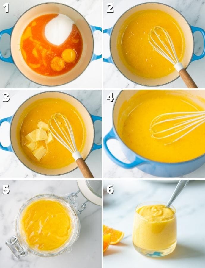 step-by-step recipe collage: first image, all ingredients in a pot, second image mixture cooked on low heat, third image butter added into the mixture, fourth image all ingredients whisked together, fifth image orange curd cooled with plastic wrap on top, sixth image prepared orange curd ready to serve.
