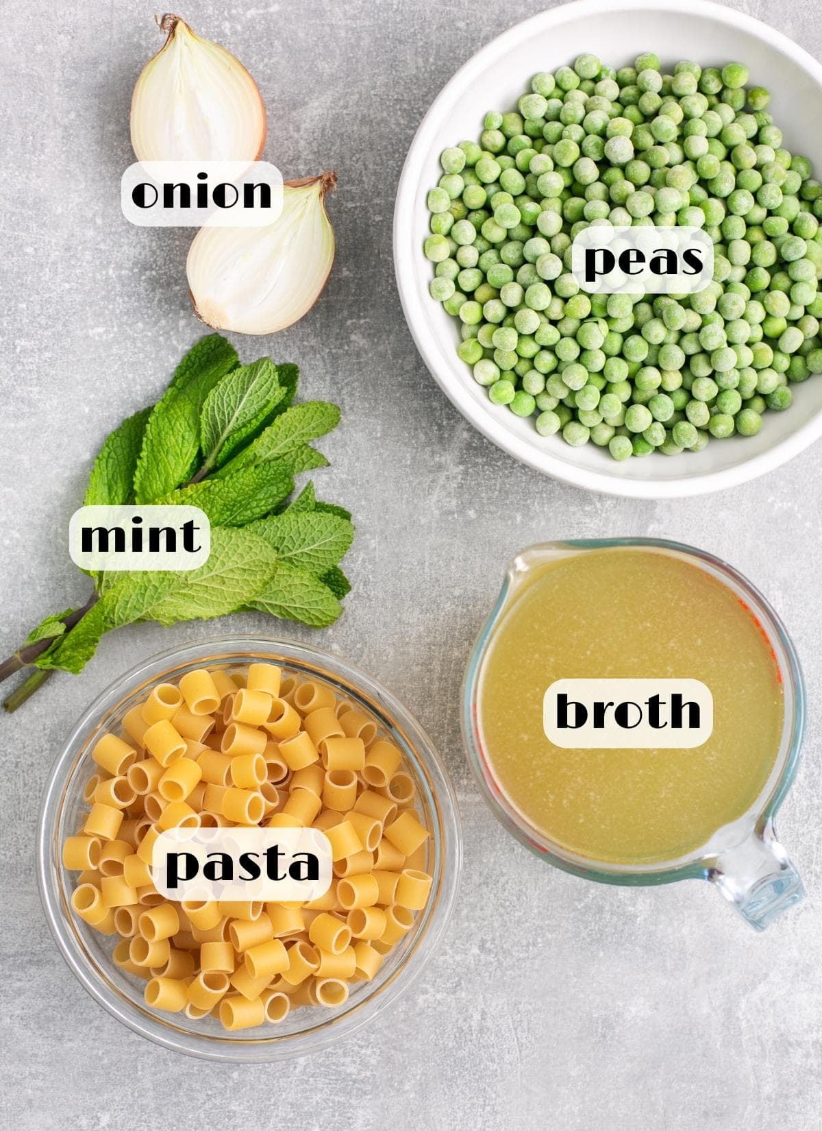 recipe ingredients: onion, peas, mint, broth, pasta.