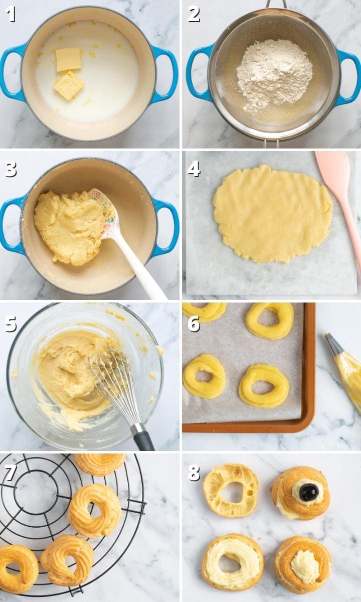 image collage of the 8 steps of the zeppole recipe.