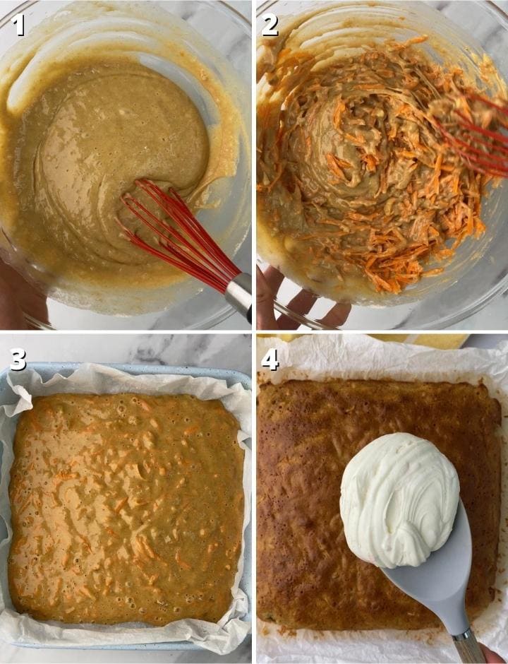 carrot cake recipe steps from 1 to 4.