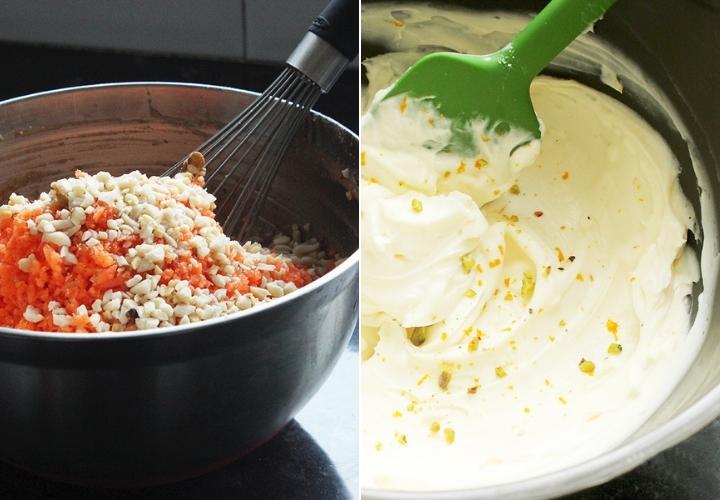 carrot cake recipe collage: first images shows cake ingredients in a bowl, second image shows frosting ingredients in a bowl.