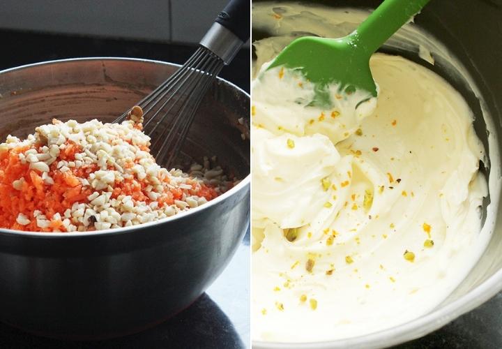 wortelkoekresep collage: eerste prent wys koekbestanddele in 'n bak, tweede prent wys rypbestanddele in 'n bak.