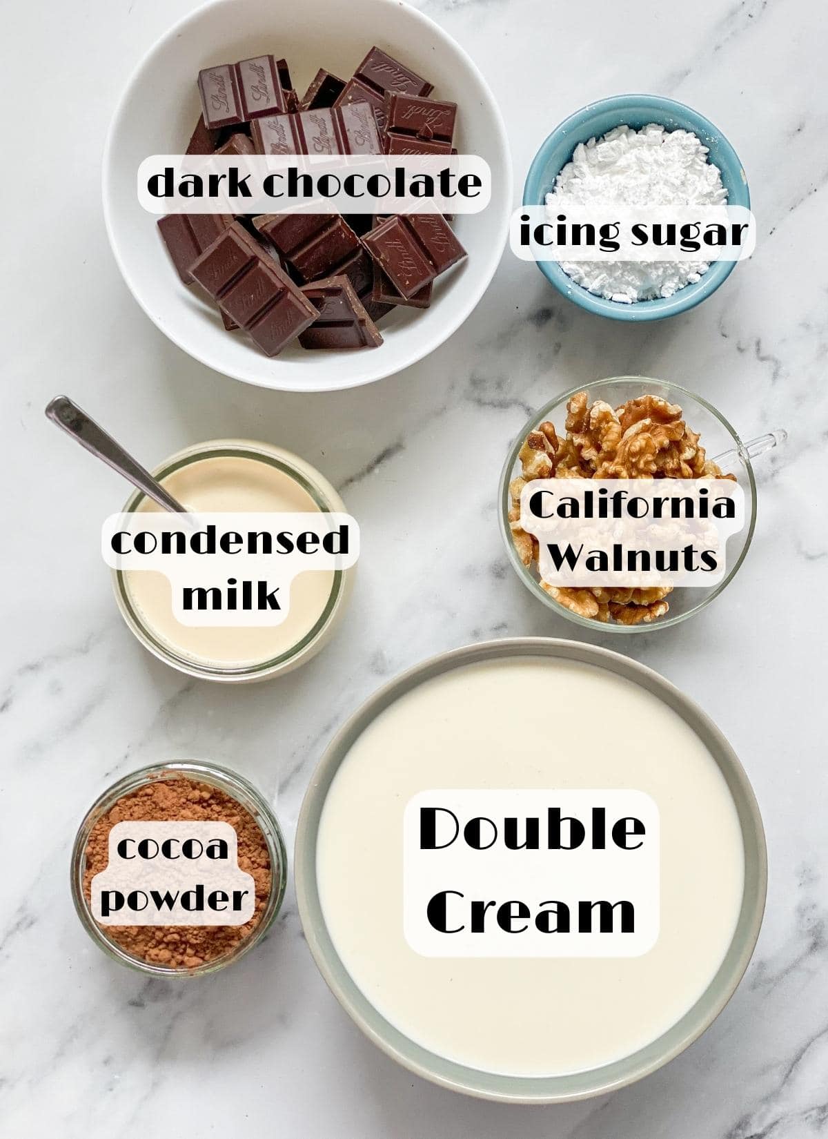 semifreddo ingredients: double cream, icing sugar, condensed milk, dark chocolate, cocoa powder, walnuts.