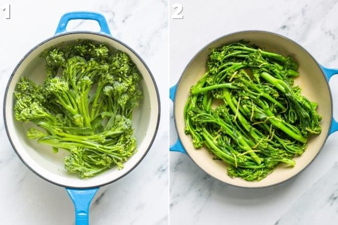 two images showing how to sautee broccolini: first you boil them, then you saute them with oil and lemon.