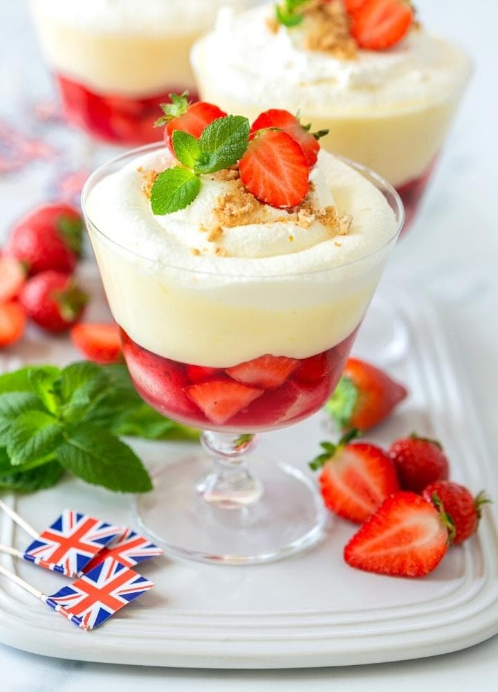 roayl trifle with strawberries, lemon posset and amaretti.