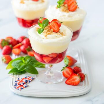 platinum jubilee trifle with strawberries lemon posset and amaretti.