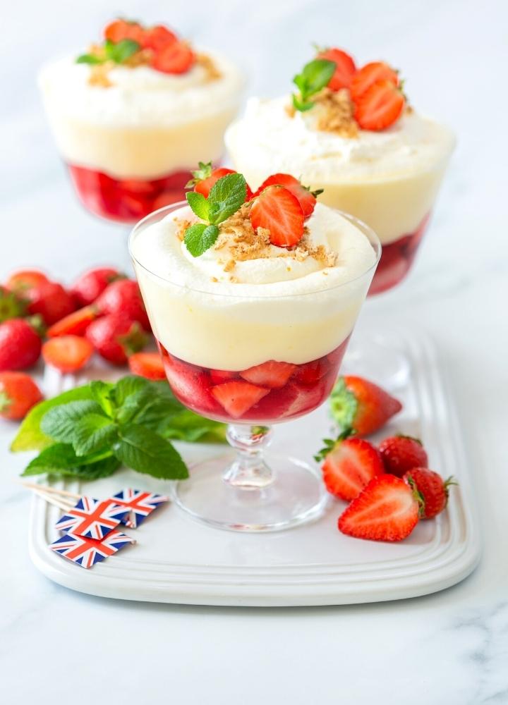 plateinum jubilee trifle with lemon posset, strawberries and amaretti.