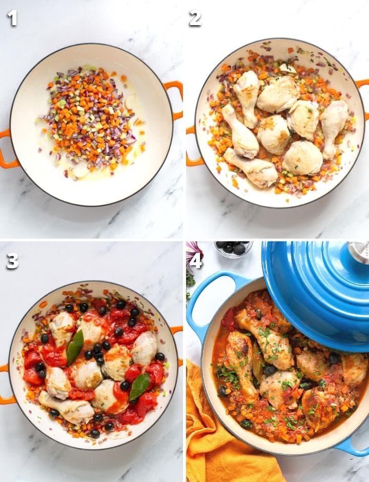 collage van vier afbeeldingen die de vier stappen voor het recept van de kipcacciatore tonen.