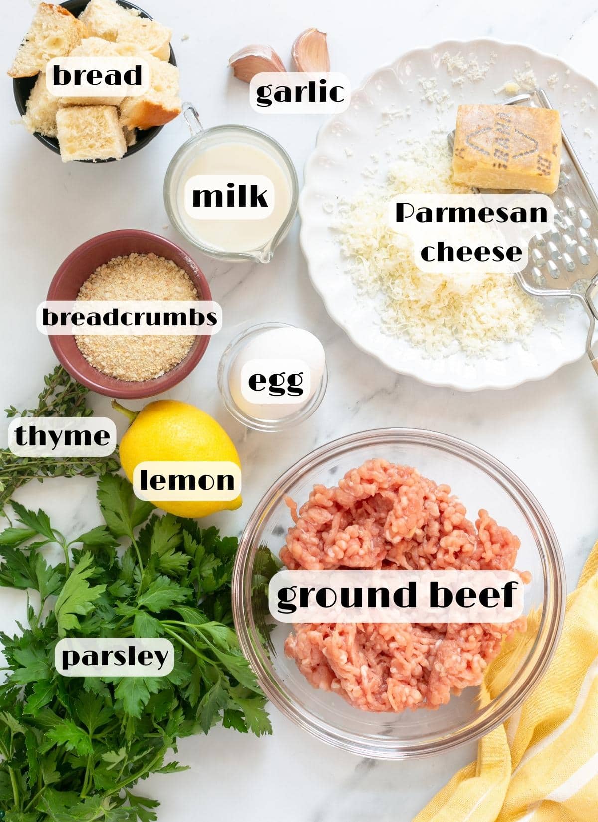 polpette ingredients: bread, breadcrumbs, milk, parmesan, ground beef, garlic, lemon, parsley, egg, thyme.