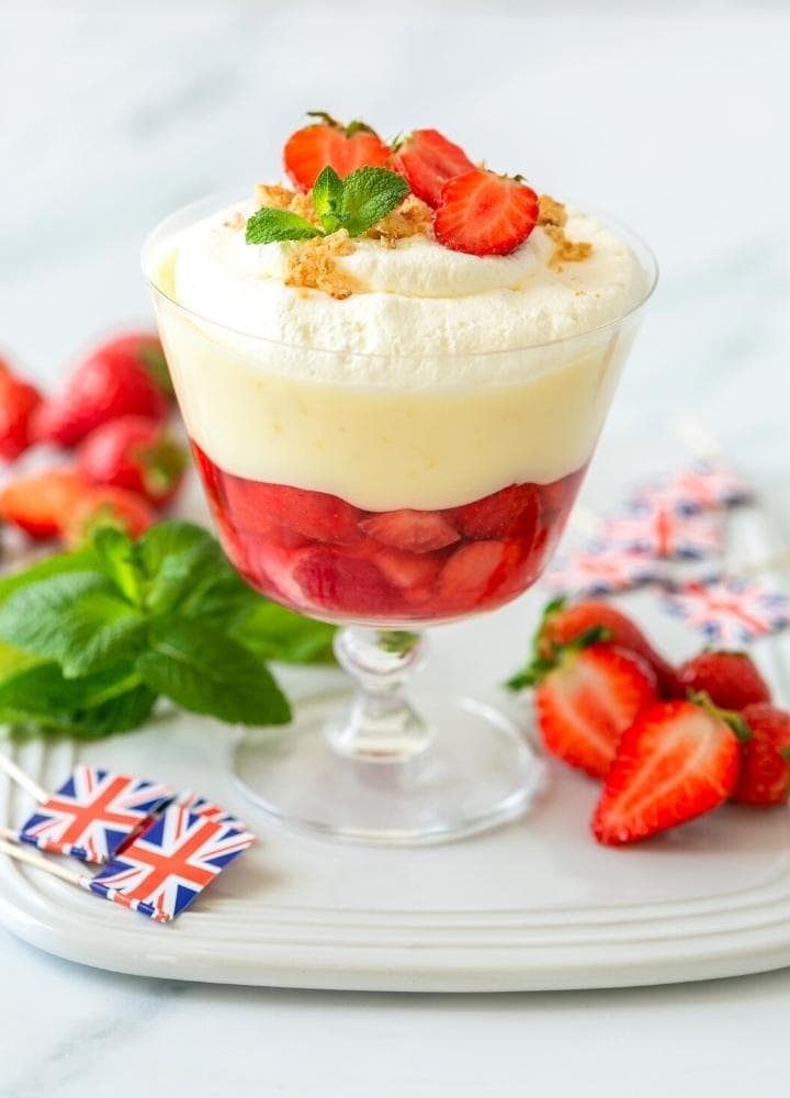 lemon posset amaretti trifle with strawberries.