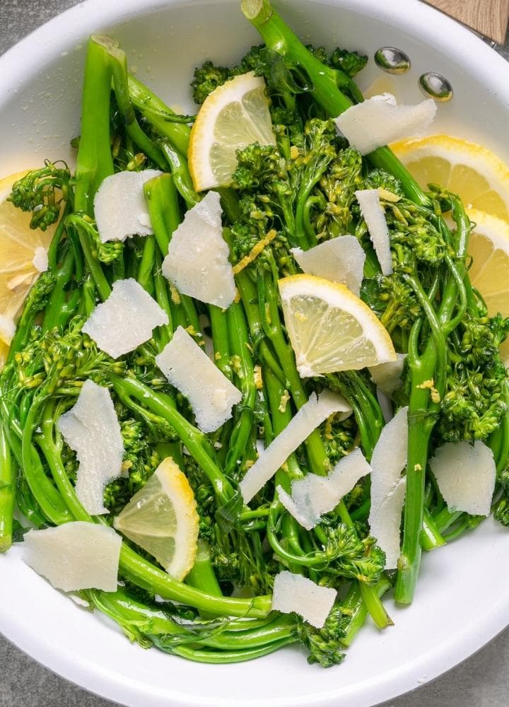 sauteed tenderstem broccoli with parmesan cheese.