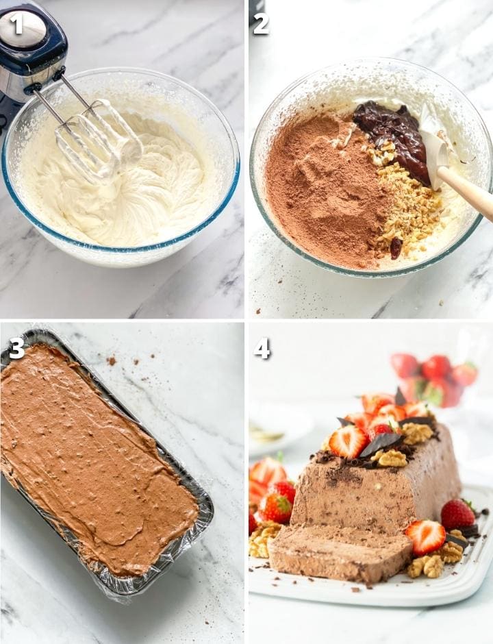 collage of the four recipe steps: first image shows whipped cream, second image shows remaining ingredients into the whipped cream, third iamge shows semifreddo in loaf pan, fourth images shows semifreddo ready to be served.