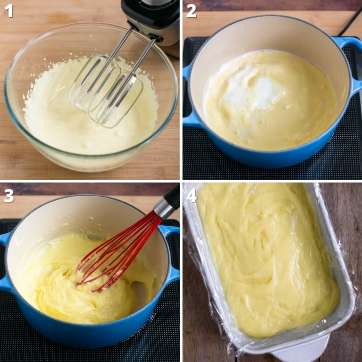 collage of four images showing the four steps to make pastry cream, crema pasticcera.
