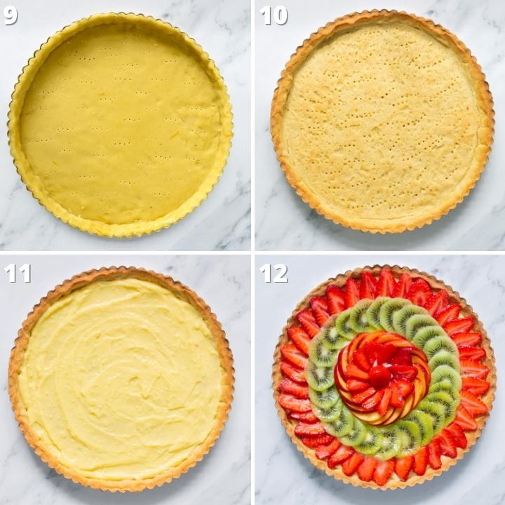 collage of four images showing steps 9 to 12 on how to make italian fruit tart.
