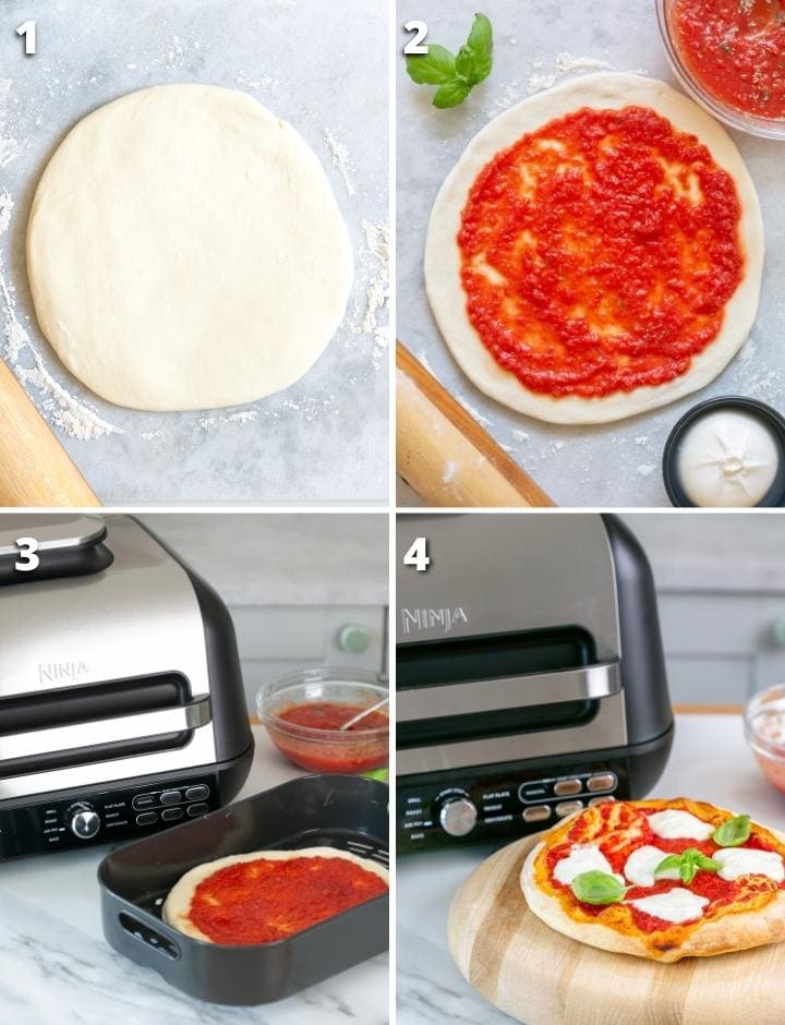 collage of four images showing the four steps on how to make pizza in the air fryer.