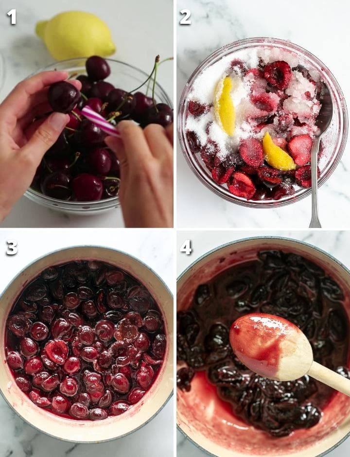 how to make cherry jam collage of four images of the four steps process.
