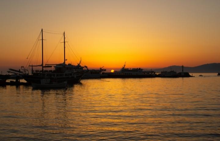 Mykonos sunset old port.