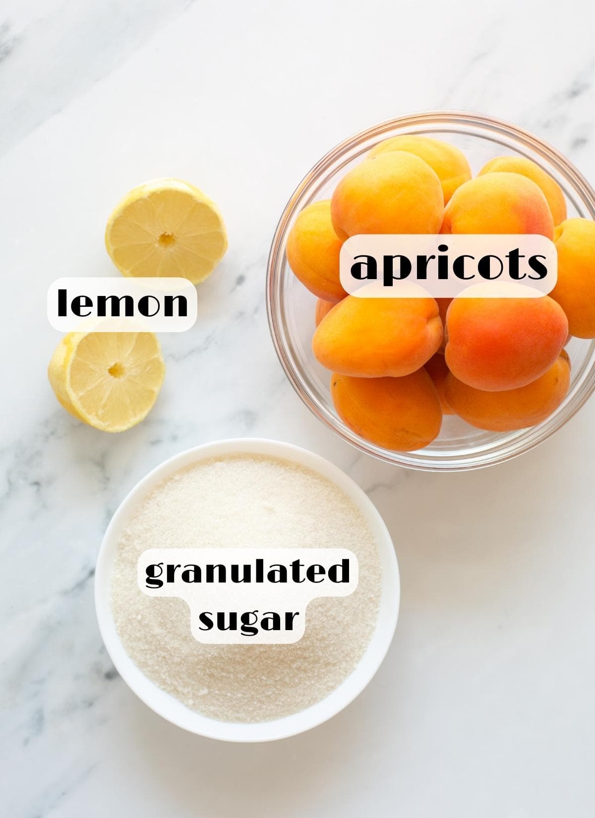 apricot jam ignredients: apricots, lemon and sugar.