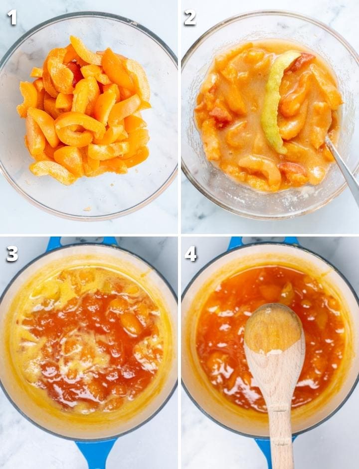 how to make apricot jam collage of four images of the four steps process.