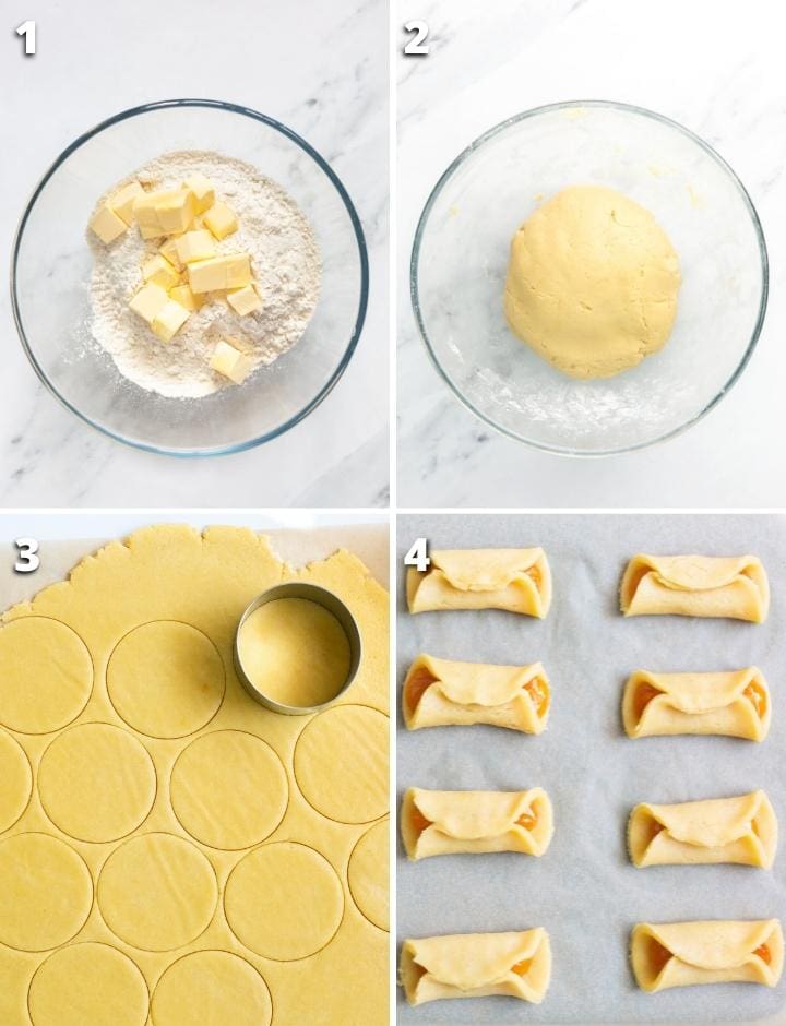 collage of four images showing the four steps to make pizzicati cookies.