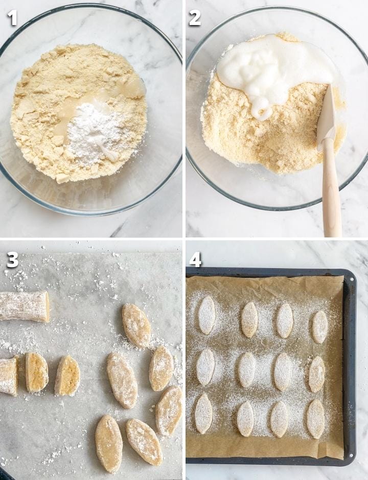 ricciarelli cookie recipe method, collage of 4 images showing the 4 steps.
