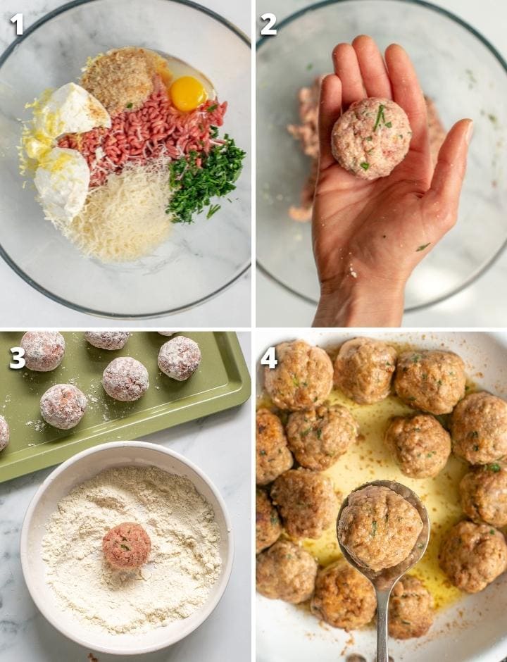 collage van vier afbeeldingen die de vier stappen tonen om ricotta gehaktballen te maken.