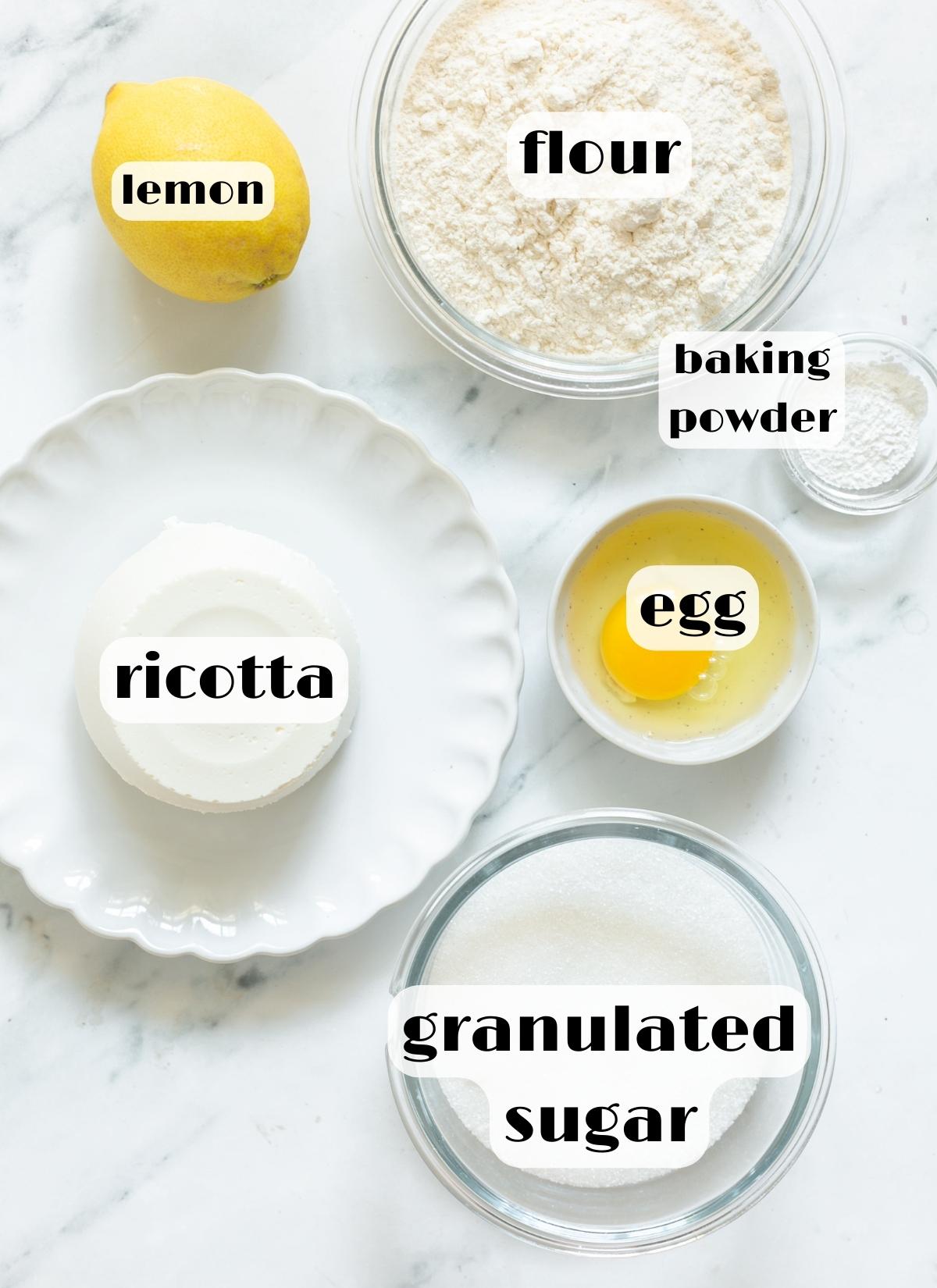 italian ricotta cookies ingredients: lemon, ricotta, flour, egg, baking powder, sugar.