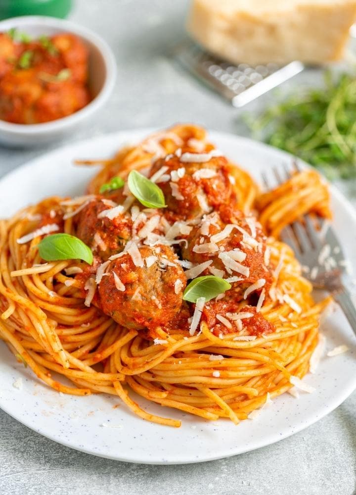 ricotta meatballs with pasta and tomato sauce.