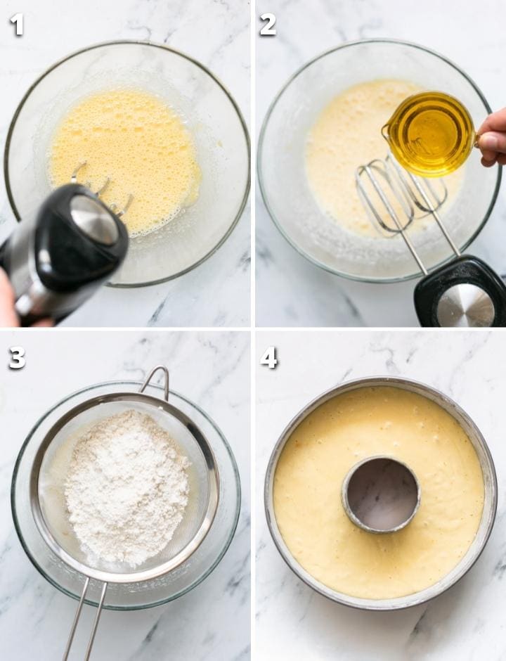 how to make ciambellone, collage of four images showing the four steps of the recipe.