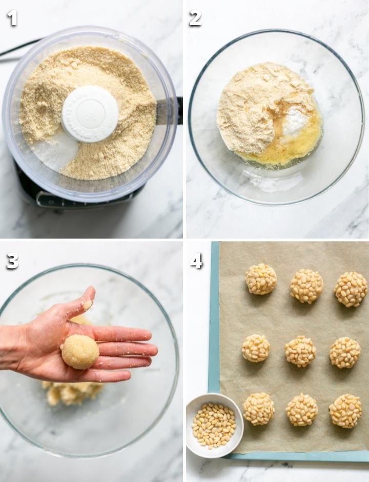 collage of four images showing the four steps on how to make pignoli cookies.